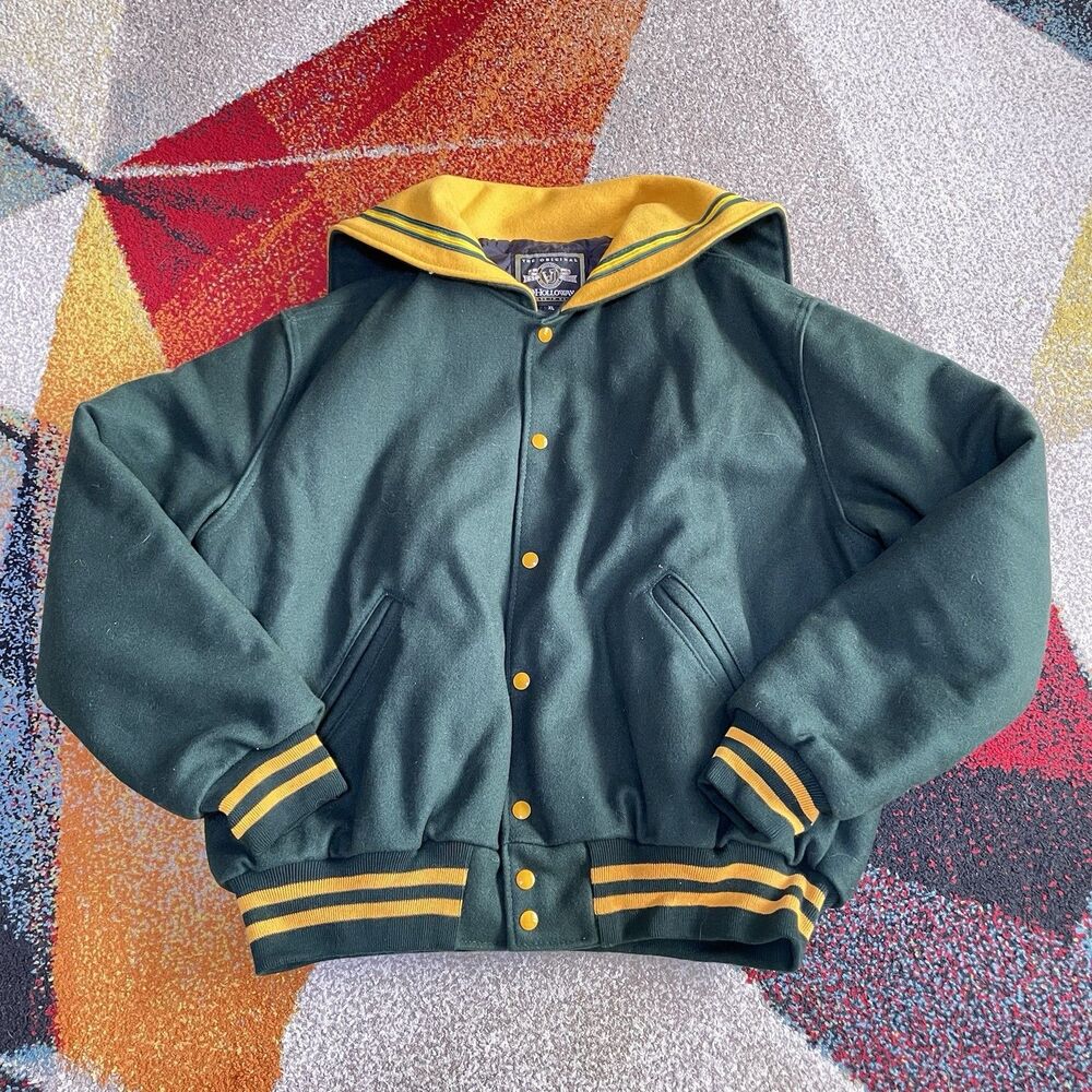 Holloway Girls XL Varsity Jacket Green Gold 100% Wool Sailor Collar Made USA